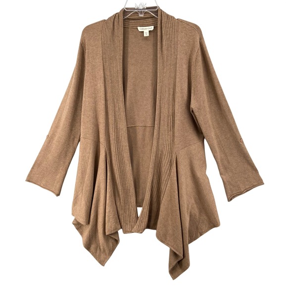 Coldwater Creek Sweaters - Coldwater Creek Cardigan Sz M Tan Open‎ Front Waterfall Sweater Ribbed Collar